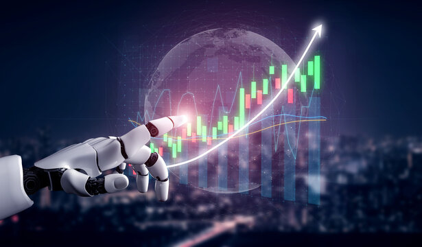 A futuristic robot hand reaches out towards a glowing stock market graph, symbolizing technological advancements in finance, data analysis, and economic growth. Impute