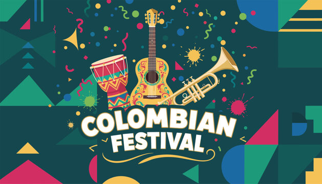 Colombian festival background with traditional musical instruments like guitar, drum, and trumpet on a colorful geometric design.