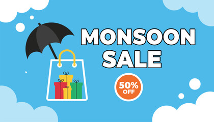 Naklejka premium Monsoon sale promotional banner offering fifty percent discount with shopping bag, black umbrella, and clouds.