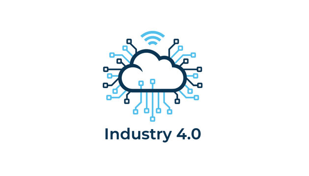 Industry four point zero concept shown by technological cloud icon with circuit board lines and wireless network waves.