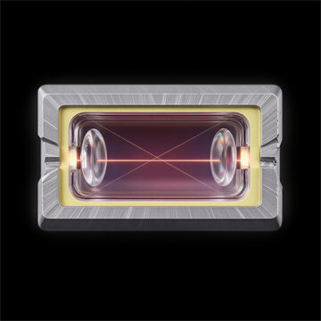 Microscopic view of a MEMS vapor cell inside a chip scale atomic clock with symmetrical optical lenses and intersection laser beam for quantum sensing technology