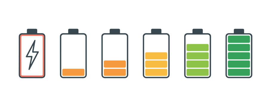 Battery Level Indicators. A series of battery icons illustrating different levels of charge, from empty to full, with one icon showing a charging symbol. This set represents power status and energy.