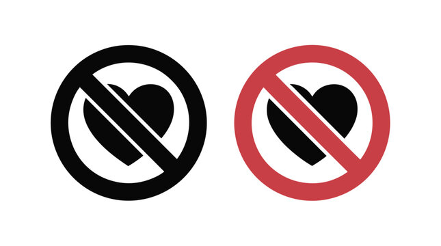 No Heart Symbol. Two icons symbolizing the negation of love, one in black and white, the other in red and white.