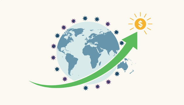 Global economy growth and recovery post pandemic showing a green arrow going up around the Earth globe surrounded by virus cells.