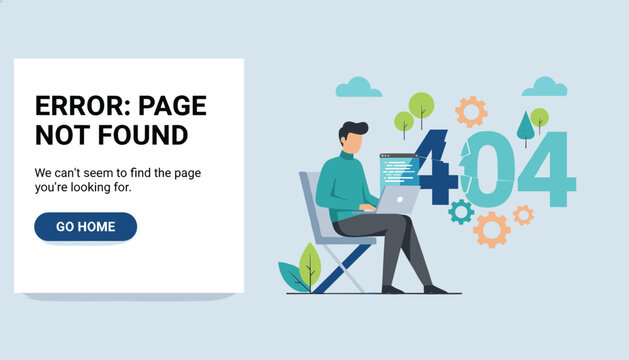 Website error page layout displaying a man sitting on a chair with a laptop next to a large broken four oh four sign.