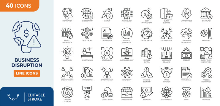 Business disruption icon set. Editable stroke. Vector illustration