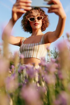 Young woman taking a selfie in a blooming lavender field during lavender season
