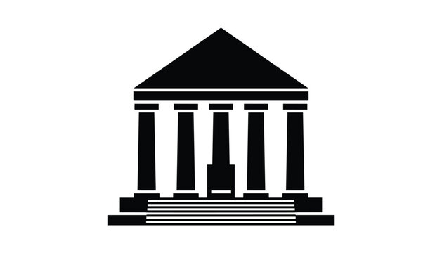 Bold black silhouette of a classic neoclassical building with columns suitable for bank or courthouse logo.