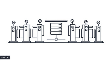 Obraz premium A schematic representation portrays multiple network terminals connected to a central data storage unit for information processing tasks within a professional digital infrastructure management
