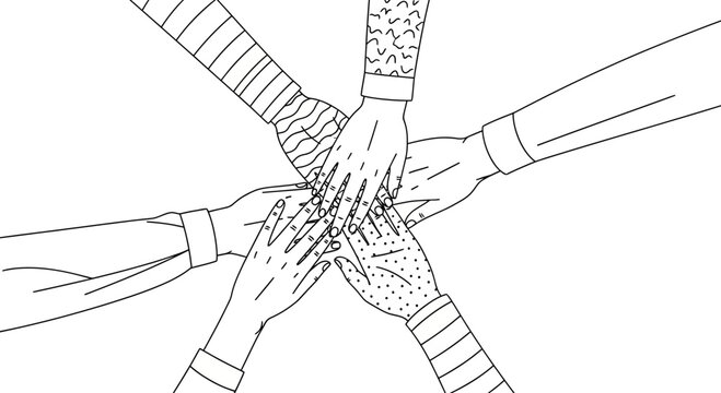 Diverse group of people joins their hands together in a gesture of unity and cooperation to represent teamwork and community support while highlighting the importance of collective human spirit