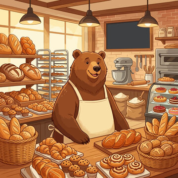 Friendly bear baker with apron serving fresh bread and pastries in cozy bakery