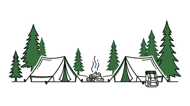 Two white camping tents sit beside a crackling fire and a hiking backpack in a simple flat vector line art