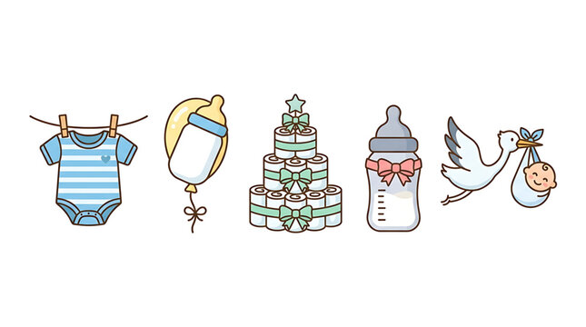 Set of cute baby shower icons featuring striped onesie diaper cake feeding bottle and stork carrying a newborn baby in pastel colors for celebration