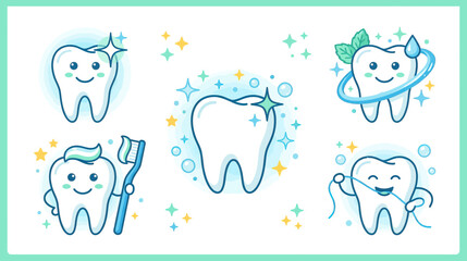 Cute Cartoon Teeth Set: Dental Hygiene, Oral Care, Healthy Smile © Windul