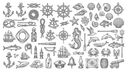 Nautical Elements Collection: Anchors, Ships, Mermaid, Marine Life, and More © Windul
