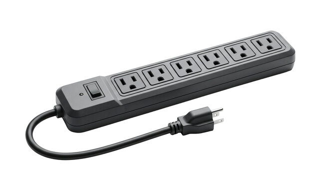 Black power strip with six outlets and surge protector switch, electrical extension cord for home office, multi-plug socket adapter for electronics isolated PNG with Transparent Background