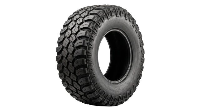 Rugged off-road tire with deep tread pattern, heavy duty black rubber truck tire for extreme terrain, durable all-terrain vehicle wheel component isolated PNG with Transparent Background