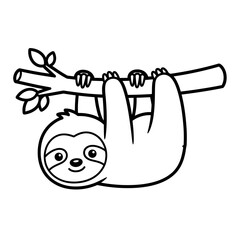 Fototapeta premium Cute cartoon sloth hanging from a tree branch, simple outline drawing, perfect for children's books and educational materials.