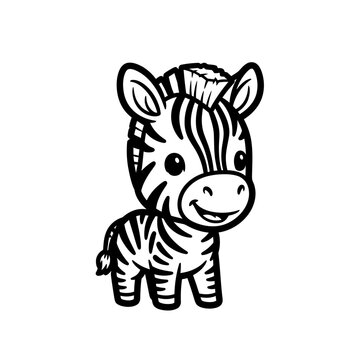 Cute cartoon baby zebra with black and white stripes, smiling and happy, isolated on white background, vector illustration