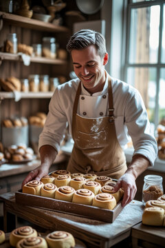 Man chef confectioner cook bake trendy popular cinnamon rolls at home in cozy kitchen AI Generative