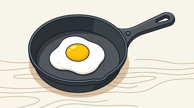 Fried egg sits in a black cast iron skillet resting on a light wooden table surface.