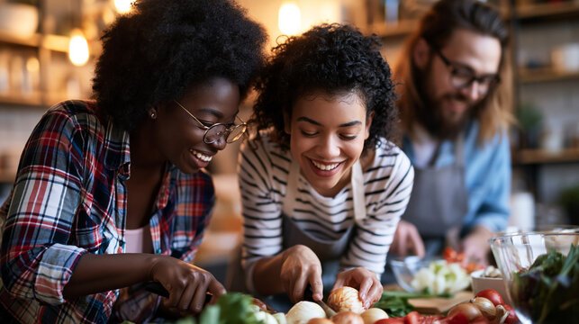 Attractive european roommates preparing dinner together in a bright kitchen chopping vegetables and smiling cozy tidy interior natural daylight cooking roommates dinner