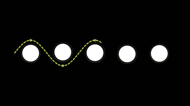 Dashed wave line animation connecting white circles in a sequence