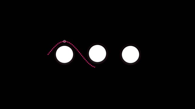 Loading animation with three white circles and a red dotted sine wave path
