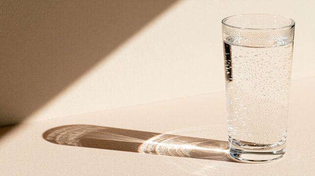 Glass of sparkling water with dramatic hard sunlight and copy space on a minimalist background
