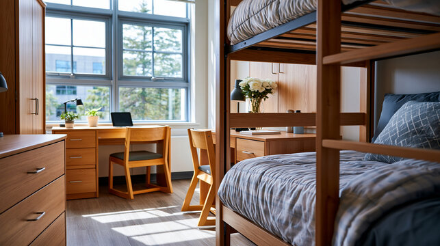 A bright clean empty university dorm room with bunk beds a desk and a closet tidy minimalist interior natural daylight unoccupied student bedroom dorm room bunk beds