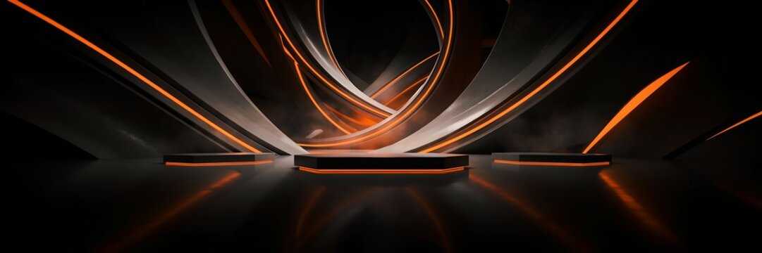 High tech futuristic product showcase background with glowing orange neon rings metallic architectural curves and hexagonal podiums for luxury automotive displays electronics presentations and