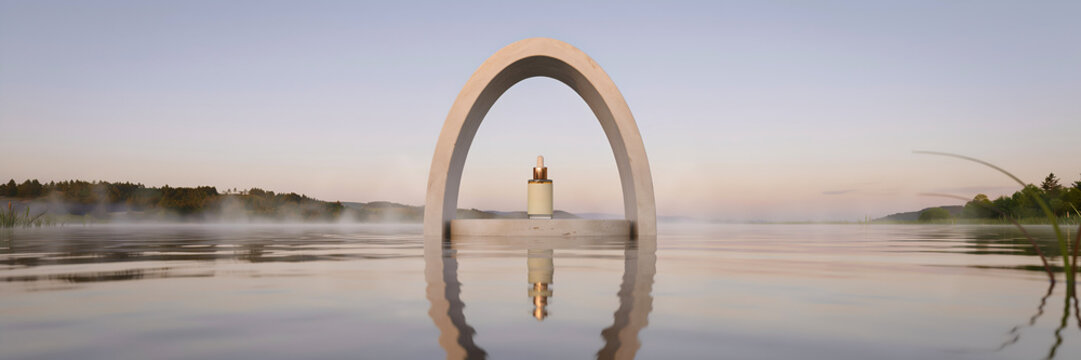 Zen wellness beauty product presentation featuring a luxury cosmetic serum dropper bottle on a stone platform under a minimalist arch surrounded by serene misty water and natural landscape elements