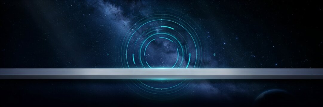 Futuristic Technology Product Showcase Background with Holographic HUD Interface and Deep Space Nebula Panorama for High Tech Corporate Presentations and Advanced Aerospace Industry Digital Marketing