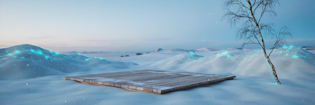 Conceptual data connectivity landscape featuring a snowy winter environment with a wooden platform and digital blue plexus mesh overlays representing network infrastructure cloud computing and