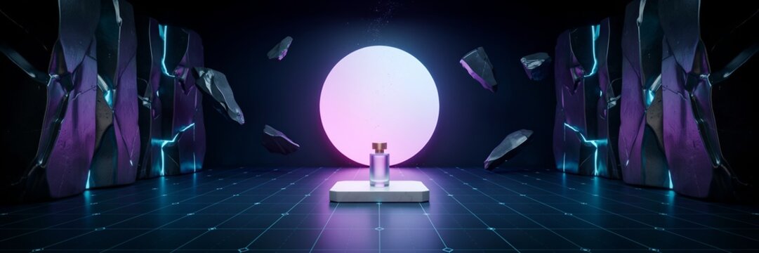 Luxury Fragrance Product Showcase in Futuristic Cyberpunk Setting with Neon Lighting and Floating Geometrics for High-End Cosmetics Branding and Virtual Commercial Advertising