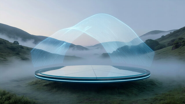 Futuristic Transport Hub with Holographic Energy Shield and Glowing Landing Platform in Misty Mountain Valley for Advanced Technology and Sci-Fi Urban Planning