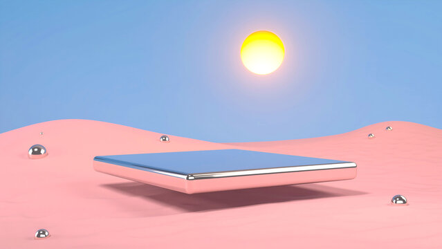 Minimalist 3D Product Podium Background with Reflective Surface and Soft Pink Undulating Terrain for Cosmetics Mockups and Modern Abstract Branding Visuals