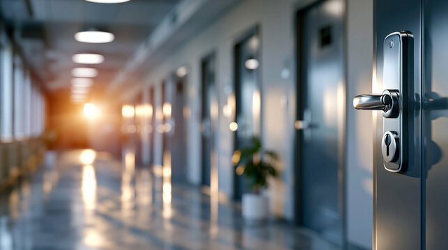 A bright clean empty corridor of a quiet residential building rows of doors even overhead lighting neutral walls strong perspective minimalist interior concept corridor
