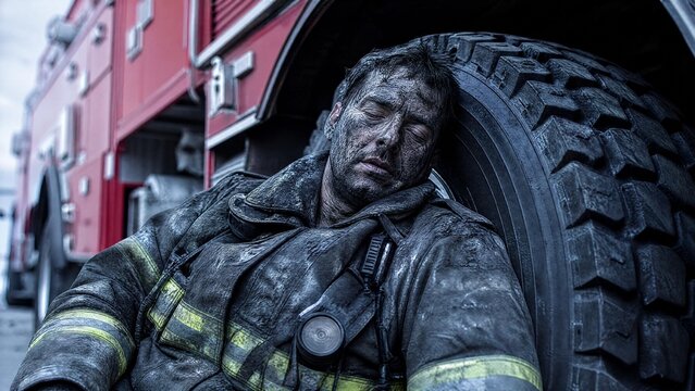 Exhausted Firefighter Covered in Soot Resting Against Fire Truck Wheel After Emergency Duty