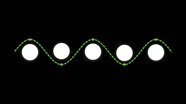 Dashed sine wave path animation connecting white circles in a sequence