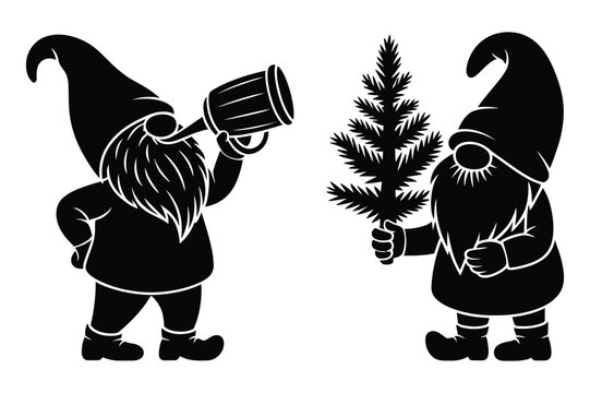 Gnomes black silhouette set holding beer mug and small christmas pine tree