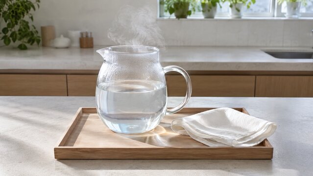 湯冷まし 白湯を冷ましている耐熱ガラスのポット