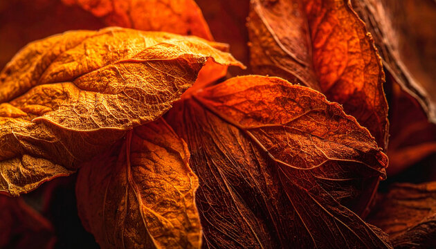 Macro Close-up of Dried Brown and Amber Autumn Leaves Featuring Intricate Vein Patterns and Warm Directional Lighting