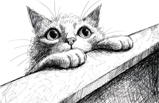 Cute kitten peeking over a shelf edge with curious eyes