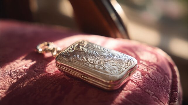 Detailed close-up of an antique silver locket with ornate floral engravings resting on a textured surface