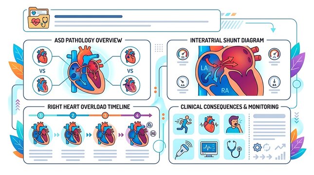 Atrial Septal Defect (ASD) Pathology and Clinical Consequences Infographic