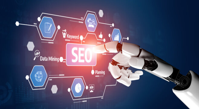 A robotic hand engages with a digital interface showcasing SEO elements, data mining, and planning, highlighting the fusion of technology and marketing strategies. Tessel