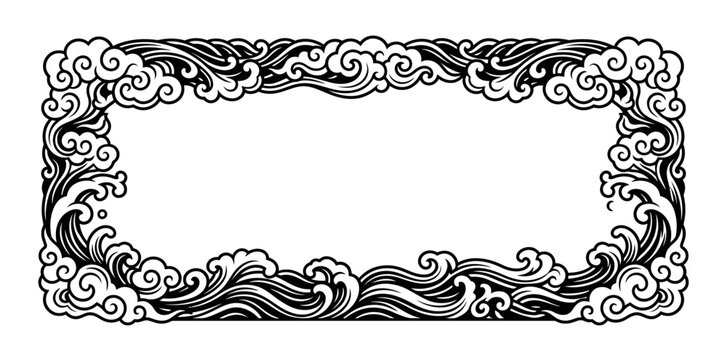 Ornate rectangular frame featuring traditional Japanese style wave and cloud patterns.