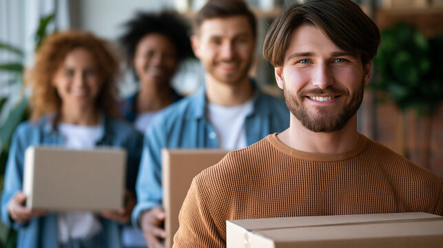 Attractive european flatmates moving into their college dorm carrying boxes together bright tidy interior cheerful teamwork moving in boxes students dorm room relocation