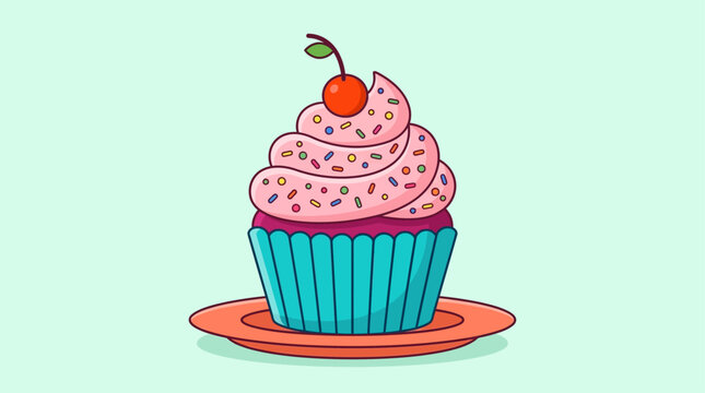 Cupcake topped with pink frosting and a single red cherry sits on a small round serving plate.